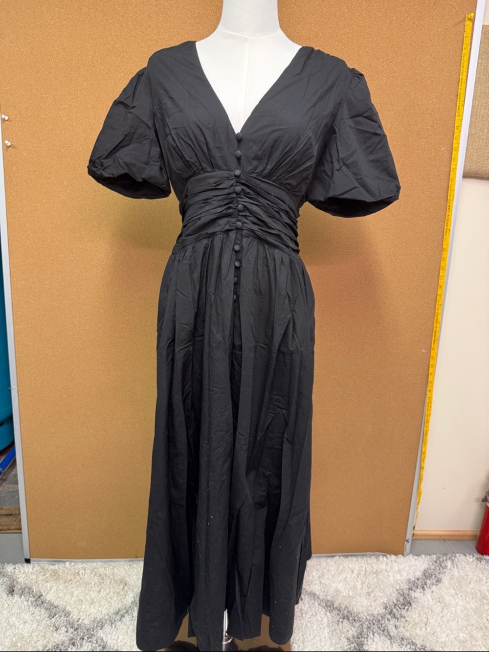 Anthropologie Katerina Button front Black V-Neck Maxi Dress with Puff Sleeves